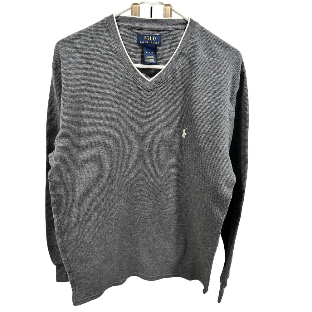 Polo Ralph Lauren Men's‎ Gray Waffle Knit V-Neck Long Sleeve Shirt XL